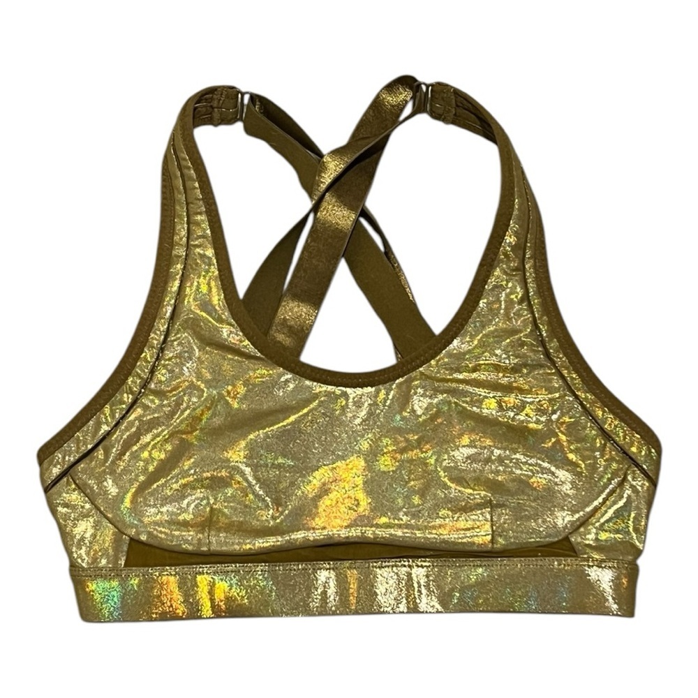 Fabletics Gold Shimmer Shiny Athletic Workout Cross Wide Straps Sports Bra S